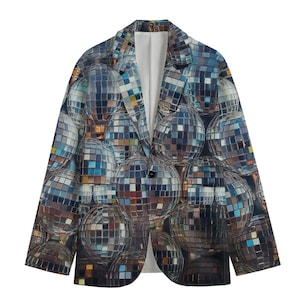 May include: A blue blazer with a pattern of silver disco balls.