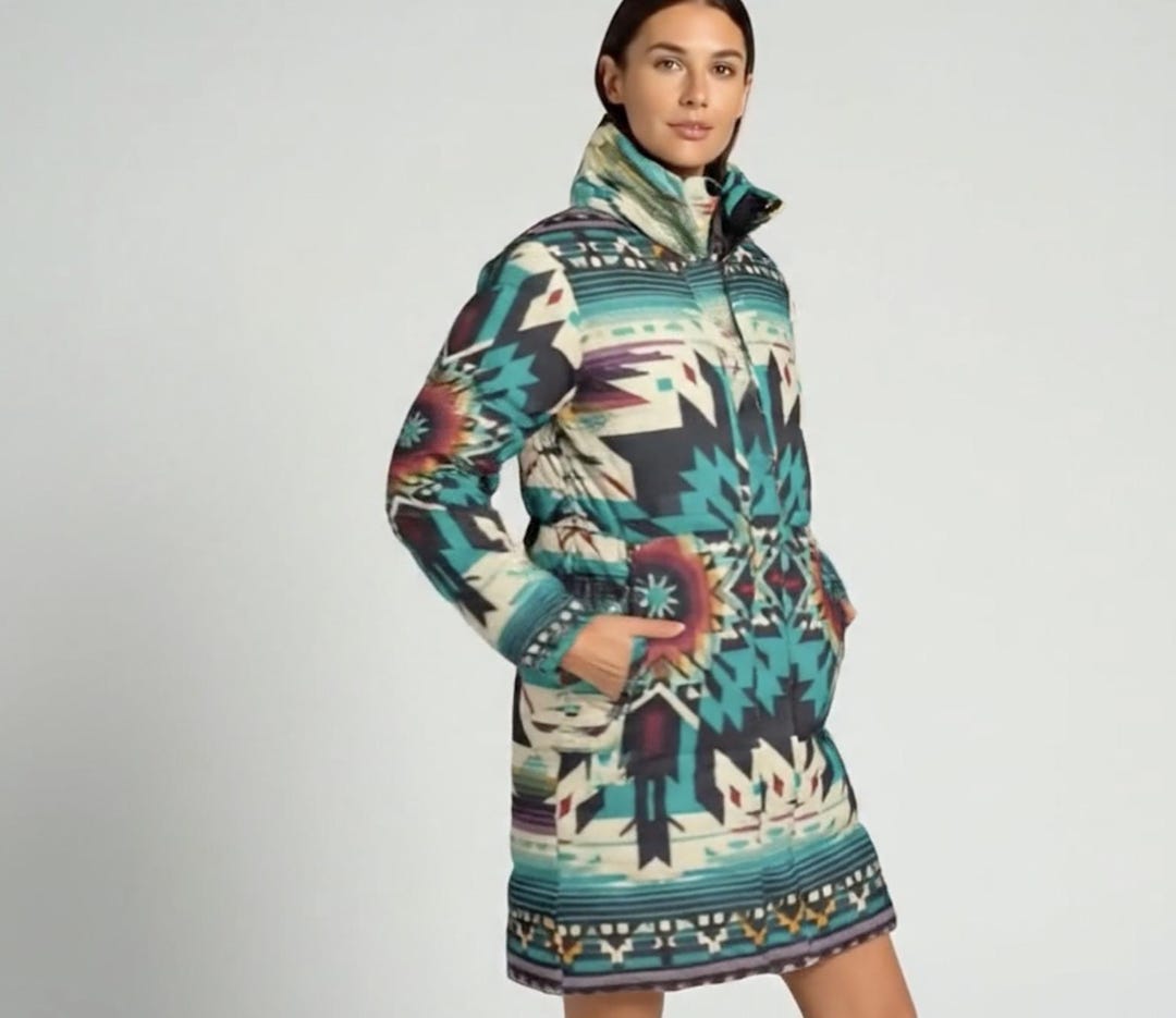 Southwestern Puffer Coat, Aztec Western Puff, Genuine Duck Down Jacket ...