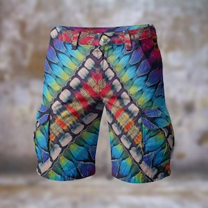Tie Dye Mens Cargo Shorts Comfort Long Casual Walking Travel Statement Streetwear Vibrant Resort Showstopper Surfer Hippie, Gift for Him