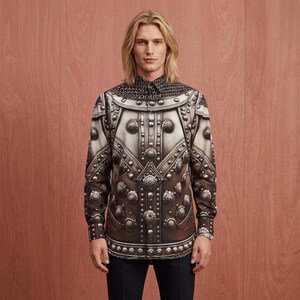 Silver Armor Cotton Shirt, Gladiator Mens Dress Shirt, Long Sleeve Button Down, Medieval, Chainmaille Viking Norse, Cosplay, Repoussé