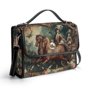 Bolso estilo rococó con diseño de caballo, bolso de mano de piel auténtica de vaquero de grano superior, regalo para amantes de los caballos, bolso de hombro de lujo silencioso, ecuestre, floral, barroco