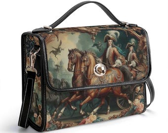 Rokoko Pferd Umhängetasche, Echtleder Cowboy Handtasche, Pferde Liebhaber Geschenk, Ruhige Luxus Schultertasche, Reiter, Floral, Barock