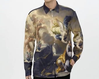 Giordano Dream of St. Joseph  Rococo Art History Button Up Satin Shirt Long Sleeve Oxford Angel Mythology Religious Couture Art Lover Gift