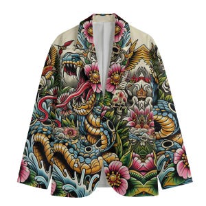 Snake Tattoo herenblazer, katoenen sportjas, colbert, cobratattoo, bloemenblazer, festival, haute couture, start-en landingsbaan, showstopper, grote man