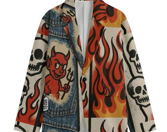 Blazer de algodón punk rock con llamas de diablo para hombre, chaqueta deportiva informal, dañado, juvenil, código QR, experiencia musical, ropa de calle, calavera, grafiti, fuego