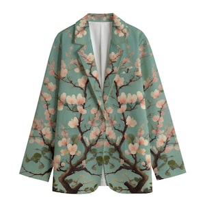 Cherry Blossom Jacket, Women&#39;s Cotton Blazer,Boho Oversize Jacket, Floral Couture ,Statement Runway,Plus Sizes, Festival, Streetwear, Gift