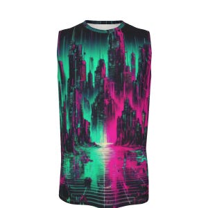 May include: Sleeveless shirt featuring a vibrant, neon cityscape design. The artwork showcases a futuristic city with tall buildings in shades of pink, green, and black. The shirt has a crew neck and is made of a soft, breathable fabric.