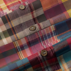 Muted Green Red Patchwork Madras Plaid Mens Short Sleeve Shirt Breathable Cotton Coconut Buttons Button Up Collared, Birthday Gift for Son image 7