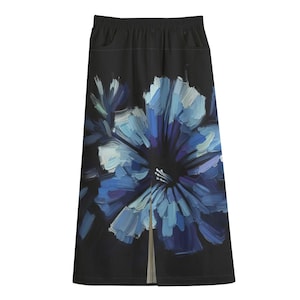 Blue Petunia Dark Floral Cotton Skirt Below the Knee, Printed 3d High Definition Casual Work Long Maxi Casual Slit, Black Couture Dressy