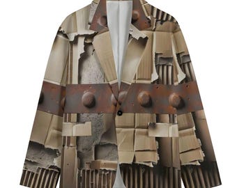 Chaqueta deportiva de algodón con estampado de cartón para hombre, blazer con vigas de acero, chaqueta de traje estilo steampunk rústico.