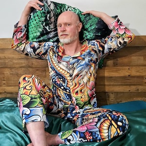 Tattoo Schlange Cobra Satin Pyjamas Nachtwäsche Geschenk Herrenmode Loungewear Luxus PJ's Geburtstag Vatertag Rockabilly Vintage Nautisch Bild 16
