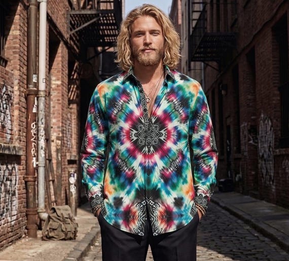 tie dye dress shirt Psychedelic Tie Dye Mens Cotton Shirt, Long Sleeve Button Up Oxford Mans Dress Shirt Trippy Mandala, Tied Dyed, Big Sizes, Blue Red Green