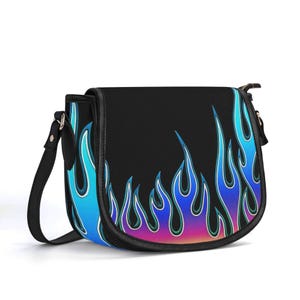 Bolso de cuero genuino Flames, cartera de motociclista Flames, bolso de grano superior, bolso de mano Fire rosa intenso, bolso de hombro Couture, Hot Rod, Rocker