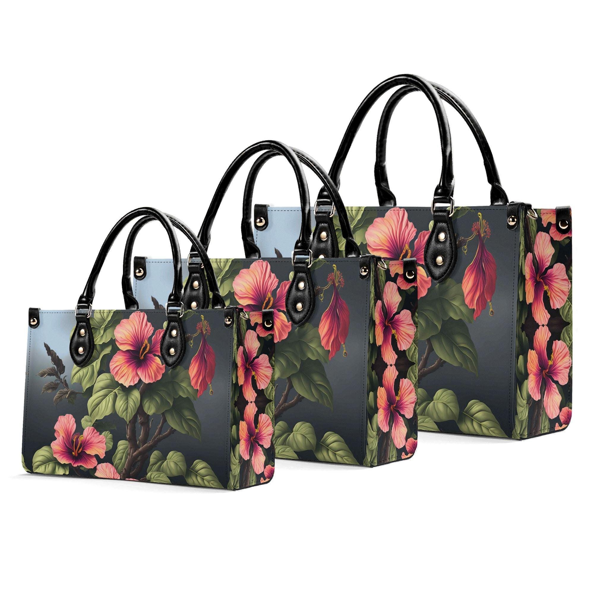 Hibiscus Luxury Leather Handbag, Top Handle Pocketbook, Top Grain