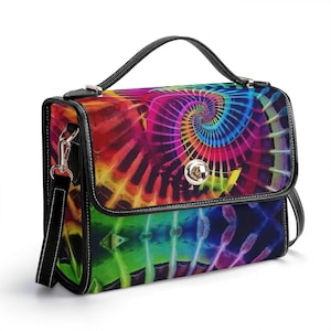 Cartera de piel auténtica con efecto tie dye, cartera de piel psicodélica, bolso de mano hippie, bolso de mensajero para rave, bolso de hombro para festivales, cartera en espiral