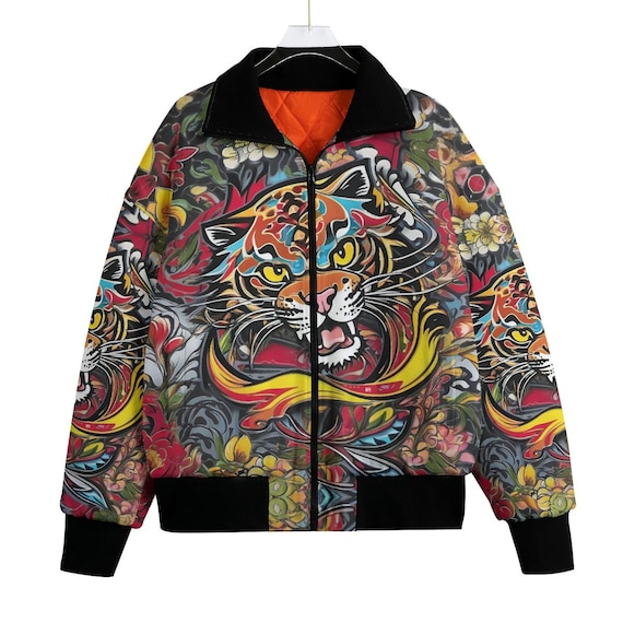 Jaqueta com estampa de tigre e animação floral, casaco bomber