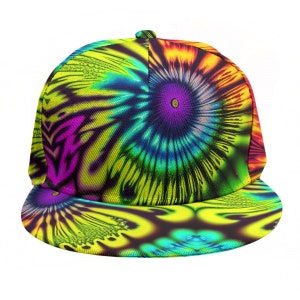 Psychedelic Trippy Hat, Liquid Cap, Trucker Hip Hop Rave Dj MC Hat Unisex OS Adjustable SnapBack Festival Rainbow Marble Fractal Mandlebrot