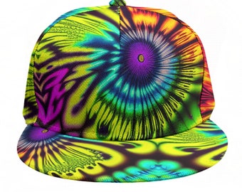 Psychedelic Trippy Hat, Liquid Cap, Trucker Hip Hop Rave Dj MC Hat Unisex OS Adjustable SnapBack Festival Rainbow Marble Fractal Mandlebrot