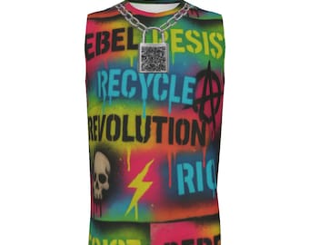 Camiseta sin mangas de algodón para hombre, con música interactiva reciclada, dañada, juvenil, punk rock, código QR, hardcore, anarquía, rebelde
