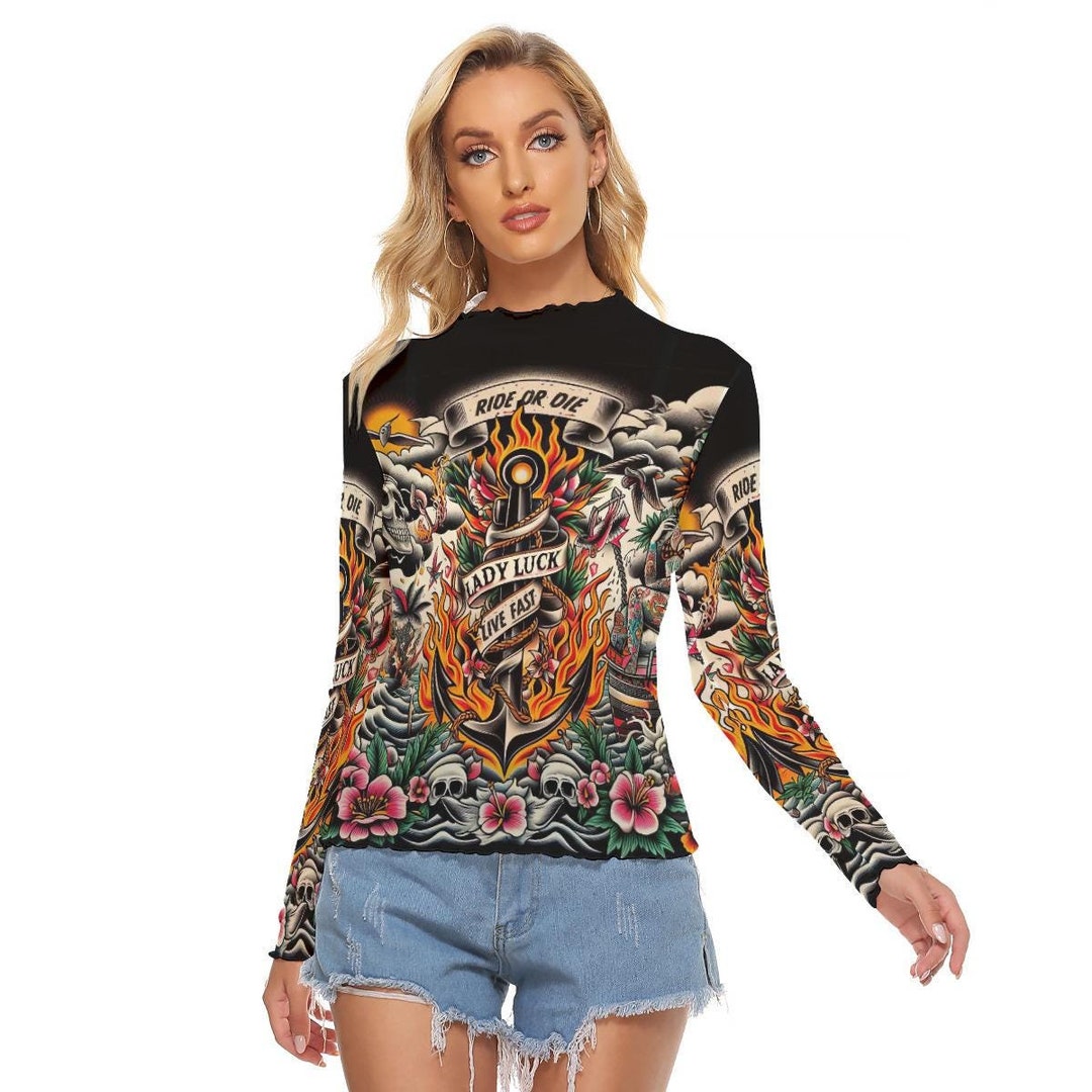 Lady Luck Skull Tattoo Mesh See Thru Top Blouse , Second Skin Tight ...