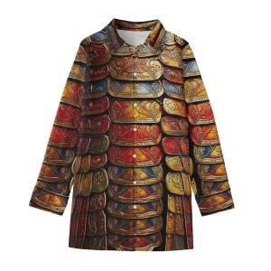 May include: A long-sleeved button-up shirt with a colorful, intricate pattern of overlapping scales. The scales are in shades of gold, red, blue, and green, creating a visually striking design.