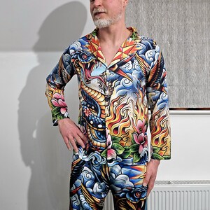 Tattoo Schlange Cobra Satin Pyjamas Nachtwäsche Geschenk Herrenmode Loungewear Luxus PJ's Geburtstag Vatertag Rockabilly Vintage Nautisch Bild 12