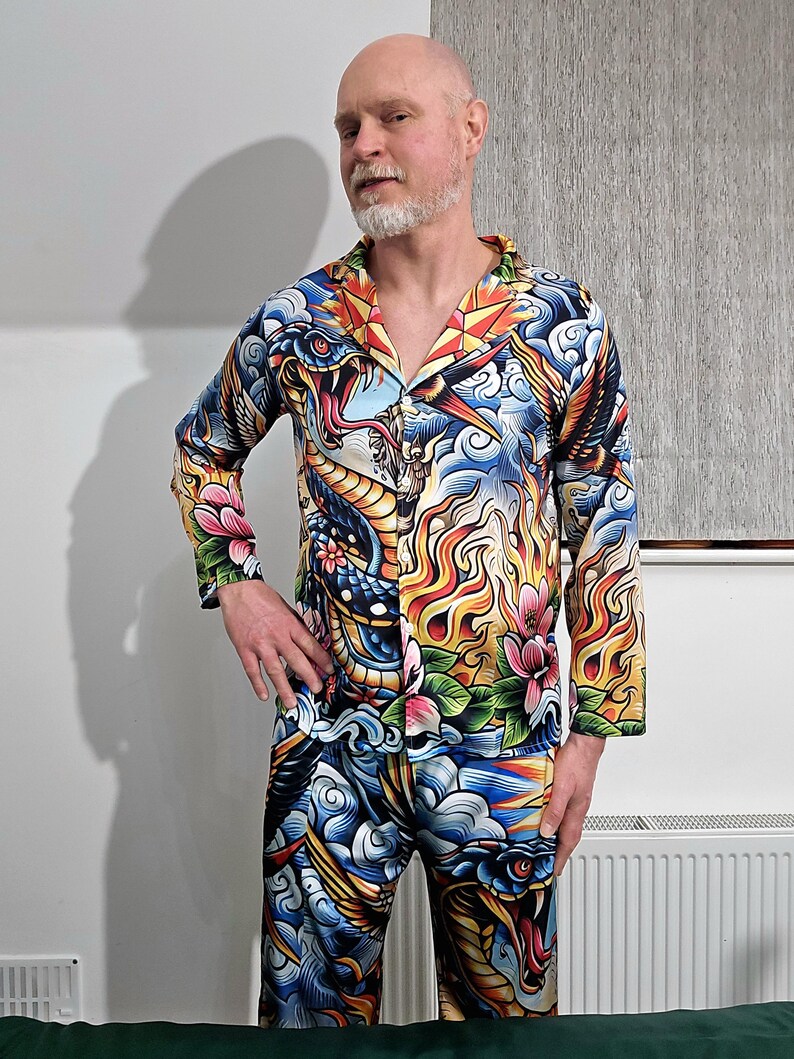 Tattoo Schlange Cobra Satin Pyjamas Nachtwäsche Geschenk Herrenmode Loungewear Luxus PJ's Geburtstag Vatertag Rockabilly Vintage Nautisch Bild 12