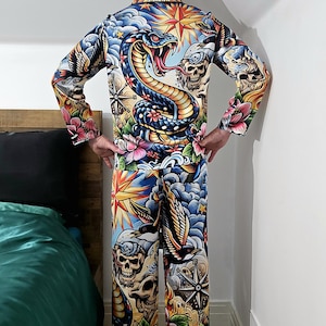 Tattoo Schlange Cobra Satin Pyjamas Nachtwäsche Geschenk Herrenmode Loungewear Luxus PJ's Geburtstag Vatertag Rockabilly Vintage Nautisch Bild 6