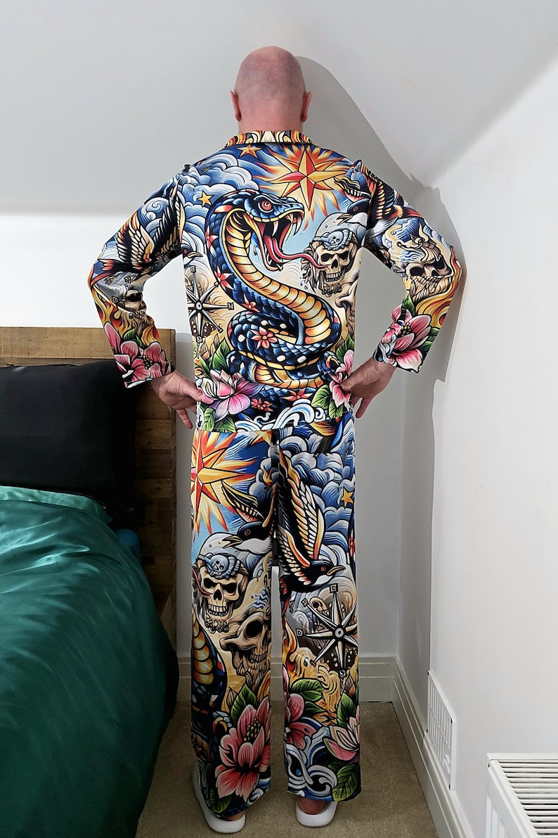 Tattoo Schlange Cobra Satin Pyjamas Nachtwäsche Geschenk Herrenmode Loungewear Luxus PJ's Geburtstag Vatertag Rockabilly Vintage Nautisch Bild 6
