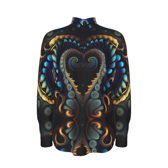 fractal dress shirt Psychedelic Men's Cotton Shirt, Baroque Long Sleeve Button Down Dress Shirt, Oxford, Gift, Streetwear Fractal Rave Festival, Club, Party