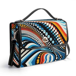 Cartera de cuero genuino estilo pop art, cartera de cuero con lunares, bolso de mano de alta costura, bolso de mensajero azul, bolso de hombro para festivales, regalo de bolsillo estilo op art