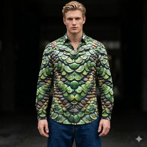 May include: A long-sleeved shirt with a distinctive green and brown scale pattern. The shirt has a classic collar and cuffs, and is worn with blue jeans. The design resembles reptile skin, creating a unique appearance.