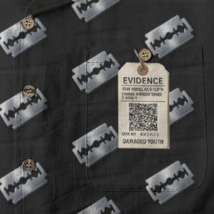 Damaged Youth Cotton Shirt Button Up Collared Short Sleeve Handmade Oxford Pocket, Punk Rock Pocket Retro Rockabilly Gift, Black Silver image 2