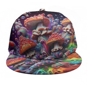 Puede incluir: Gorra de ala plana con un vibrante diseño de hongos psicodélicos. La obra de arte presenta coloridos hongos en tonos rojos, naranjas, verdes y morados, sobre un fondo oscuro. La visera y la corona de la gorra están completamente cubiertas con la ilustración detallada.