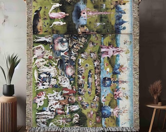 The Garden of Earthly Delights Cotton Woven Blanket, Hieronymus Bosch Throw Couch Cover Shawl, Renaissance Decor Tapestry Art, Made in U.S.A