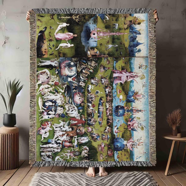The Garden of Earthly Delights Cotton Woven Blanket, Hieronymus Bosch Throw Couch Cover Shawl, Renaissance Decor Tapestry Art, Made in U.S.A
