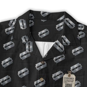 Damaged Youth Cotton Shirt Button Up Collared Short Sleeve Handmade Oxford Pocket, Punk Rock Pocket Retro Rockabilly Gift, Black Silver image 6