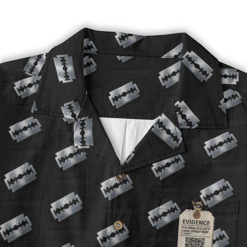 Damaged Youth Cotton Shirt Button Up Collared Short Sleeve Handmade Oxford Pocket, Punk Rock Pocket Retro Rockabilly Gift, Black Silver image 6