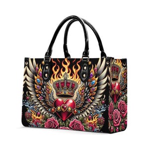 Bolso de mano de piel con alas de ángel, cartera de piel auténtica con diseño de tatuaje, bolso de mano con forma de corazón, bolso de hombro de alta costura, bolso de motociclista de piel de grano superior, corona