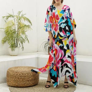 Mid Century Mod Kaftan, Geometric Abstract Caftan, Modernist Kimono Robe, Floral MuuMuu ,Boho Maxi Dress, Tunic Loungewear, Art Gallery Gown
