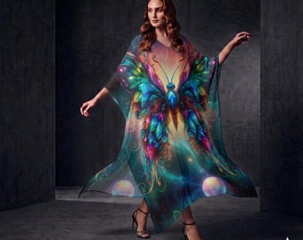 Psychodeliczny kaftan z motylami, kaftan z kamieniami szlachetnymi, długa sukienka wróżki, suknia na festiwal hipisowski