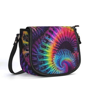 Bolso de piel auténtica Fractal, bolso de piel de grano superior, bolso de mano psicodélico para festivales, regalo para ella, bolso de hombro de lujo silencioso, rave de neón