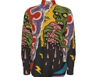 Pop Art Zombie Punk Rock Mens Dress Shirt Cotton Button Down Oxford Long Sleeve Gift for Man,Streetwear Handmade Damaged Youth Interactive