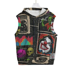 May include: Sleeveless hoodie featuring a collage of images: a rat in a jar, a zombie, a clown, skulls, and a colourful bar graph. The hoodie has a black background and a white interior.