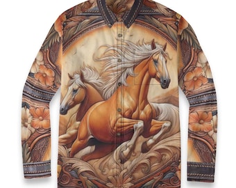 Western Horses Rodeo Cotton Button Down Collar Long Sleeve Pocket Casual Floral  Resort Flip Cuff Southwestern Gift Rodeo Equestrian Brown