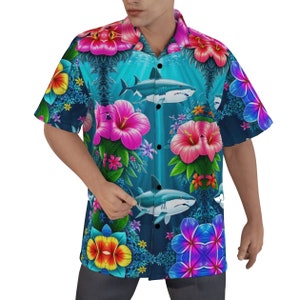 Chemise requin fleurie coton homme Hawaï Aloha rétro boutonnée à manches courtes Resort Tropical bowling cadeau pour homme Party Festival Rockabilly