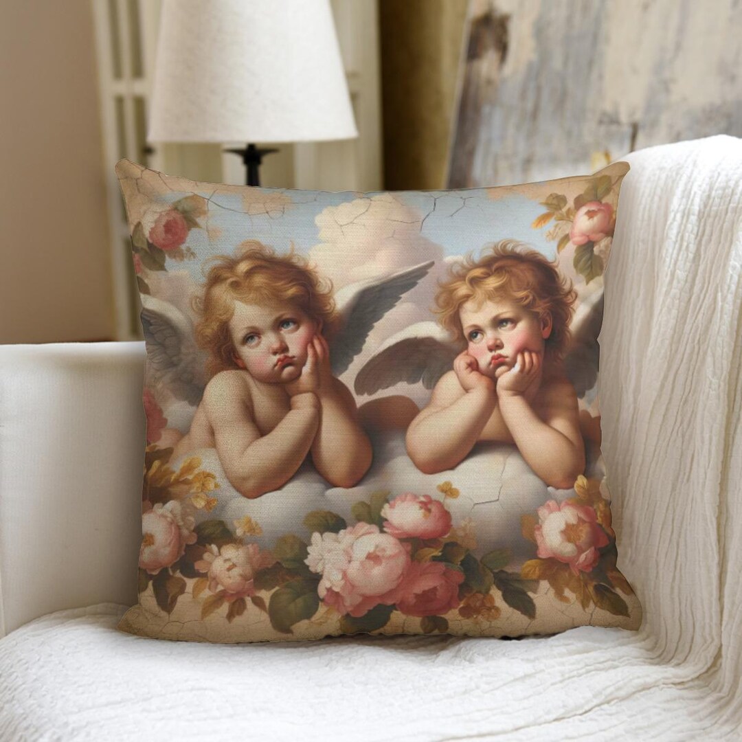 Rococo Girl Angels Couch Pillow W/ Inserts Floral Putti Thinking Bored ...
