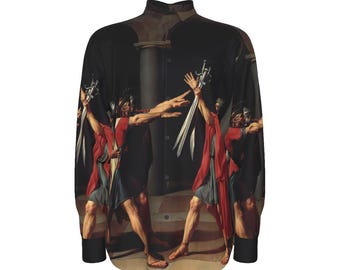 May include: Black long-sleeve shirt featuring a classical painting of men with swords. The artwork depicts figures in red and gray garments, holding swords in a dramatic pose. The shirt has a button-down collar and black cuffs.