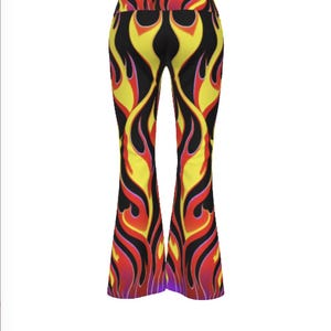 Hot Flames Yoga Pants, Biker Fire Flare Leggings, Supportive Athletic Pants ,Trippy Wide, Dance Westling Female Womans Festival Dancer Sexy