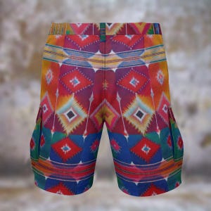 Bohemian Tribal Mens Cargo Shorts Ombré Dye Colorful Walking Travel Statement Streetwear Vibrant Resort Showstopper Beach, Gift for Him